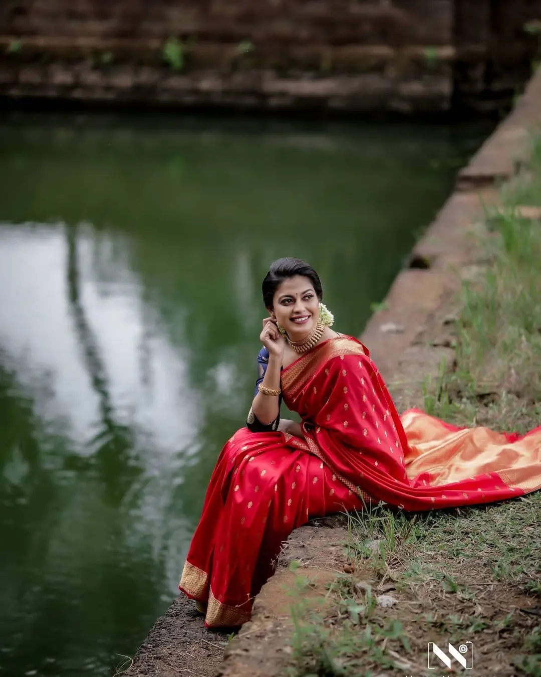 Anusree Nair in Beautiful Earrings Jewellery Red Saree Blue Blouse